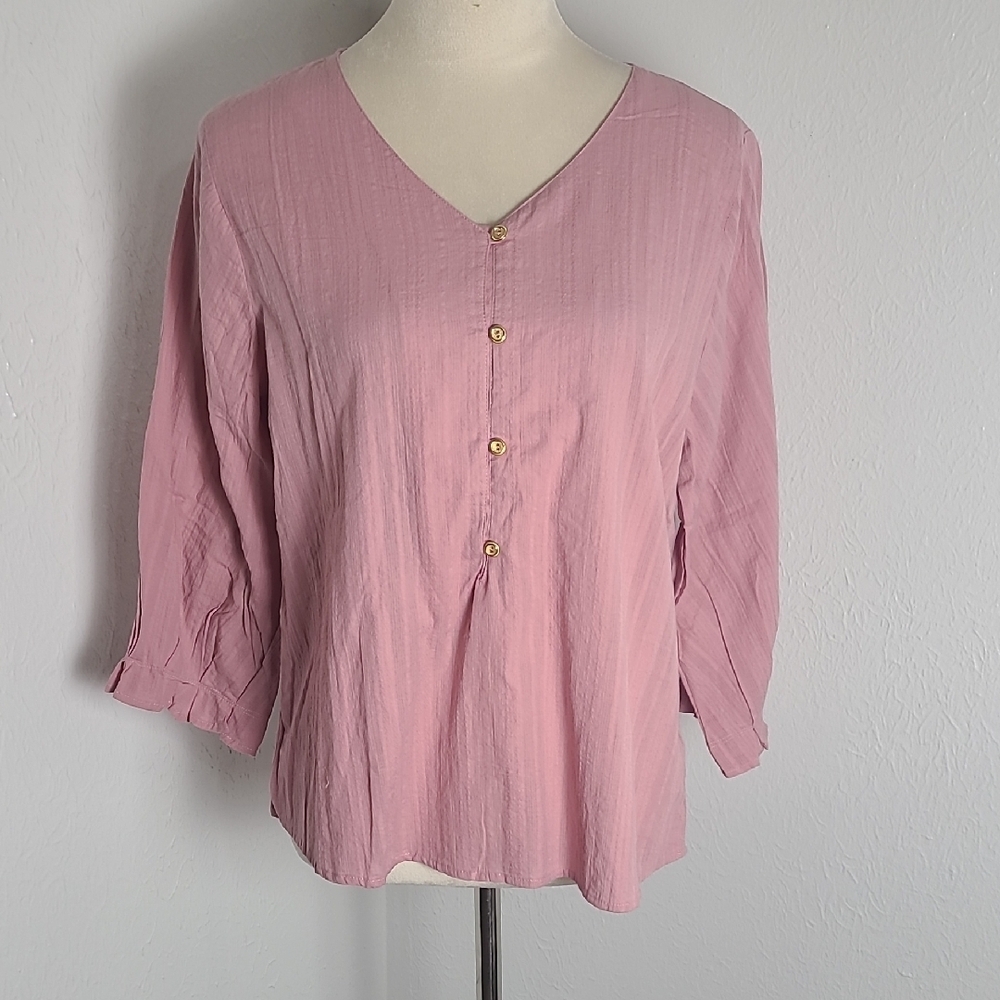 NY Collection Pink 3/4 Sleeve Top, V-Neck & 4 Buttons, Size PL-Petite Large, NWT